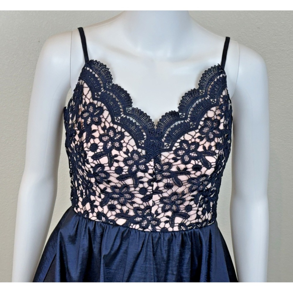 B‎ Darlin Juniors Formal Babydoll Hi Low Mini Dress 5/6 Navy Pink Lace Y2K Grad - Picture 3 of 11